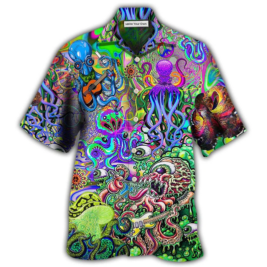Bohemian Funny Colorful Octopus Music Ocean Hawaiian Shirt Artwork Detail For Tropical Trips And Casual Outings
