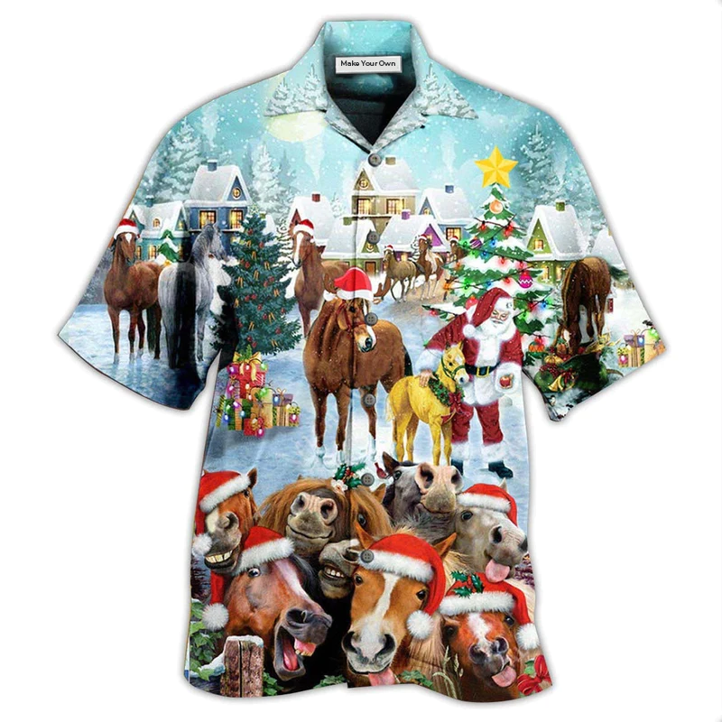 Happy Horse Christmas Hawaiian Shirt Artwork View For Weekend Travel And Beach Style