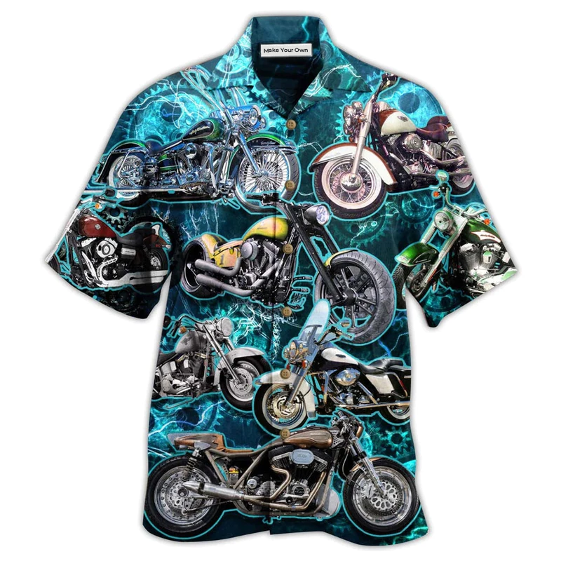 Blue Motorcycle Hawaiian Shirt Pattern Detail For Vacation Travel And Daily Wear