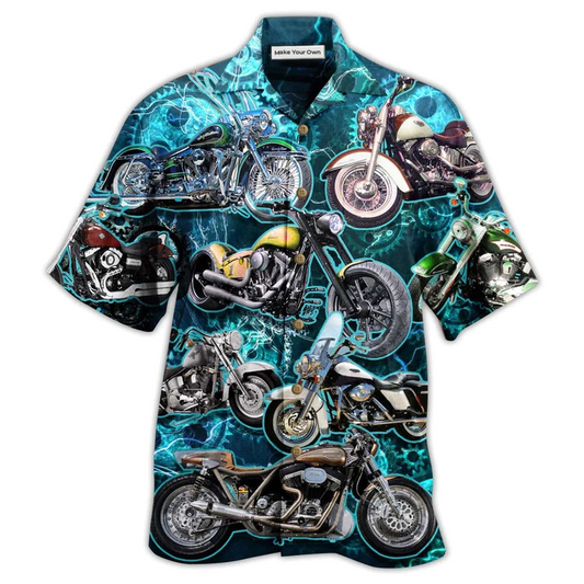 Blue Motorcycle Hawaiian Shirt Pattern Detail For Vacation Travel And Daily Wear