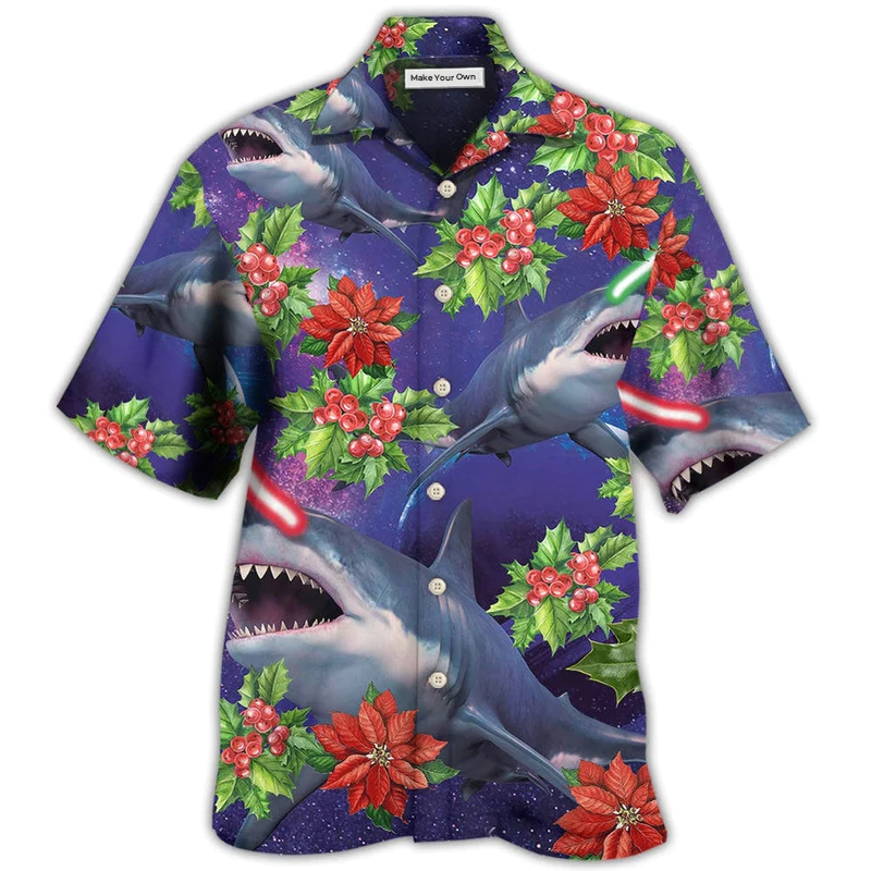 Funny Shark Christmas Amazing Hawaiian Shirt Design Detail For Beach Days And Holiday Travel
