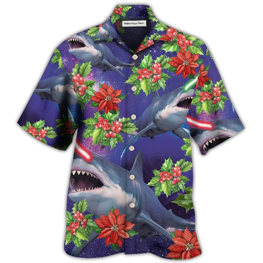 Funny Shark Christmas Amazing Hawaiian Shirt Design Detail For Beach Days And Holiday Travel