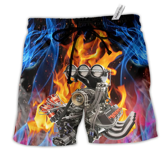 Hot Rod Hot And Cool Fire Hawaiian Print Beach Shorts For Coastal Drives And Casual Style