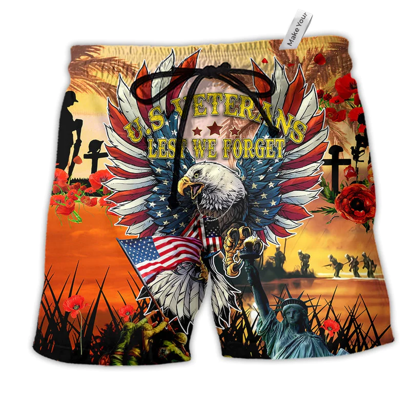 America Veterans Lest We Forget Hawaiian Print Beach Shorts For Warm Weather Holiday Style