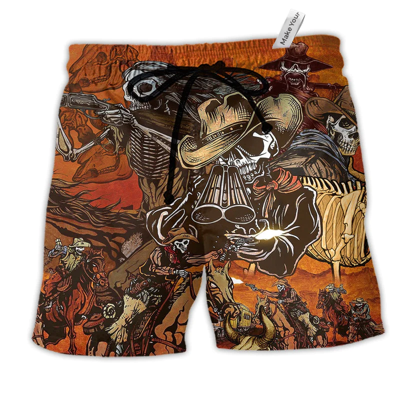 Cowboy Skull War Classic Hawaiian Print Beach Shorts For Western Summer Vacation Wear