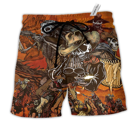 Cowboy Skull War Classic Hawaiian Print Beach Shorts For Western Summer Vacation Wear
