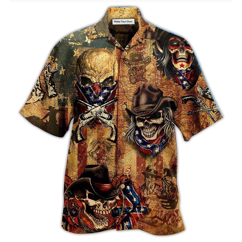 Vintage Skull Cowboy American Hawaiian Shirt For Coastal Adventures And Warm Weather Wear