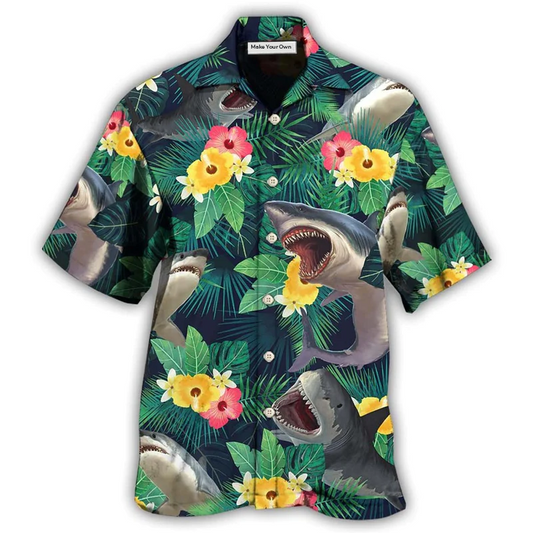 Tropical Shark Summer Vibes Hawaiian Shirt Design Detail For Beach Days And Holiday Travel