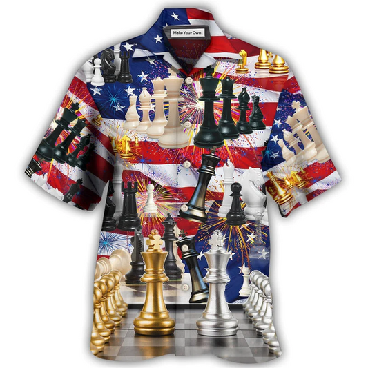 Chess Firework Independence Day Hawaiian Shirt Artwork Detail For Resort Trips And Outdoor Activities