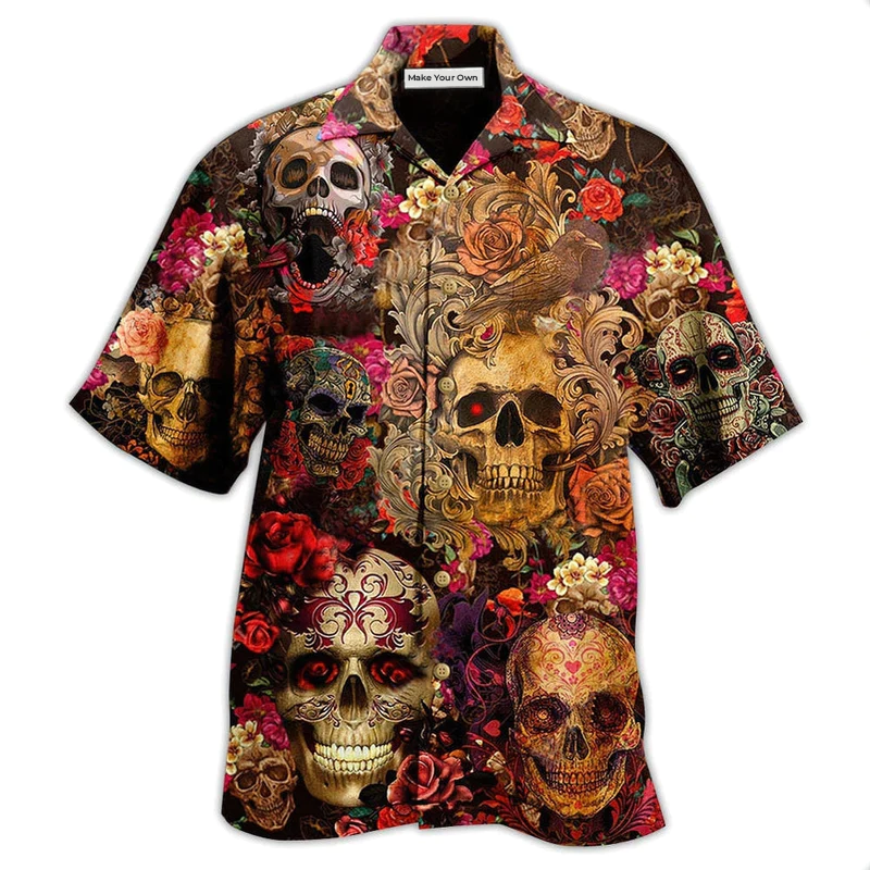 Floral Sugar Skull Hawaiian Shirt For Beach Vacations Casual Parties And Warm Weather Style