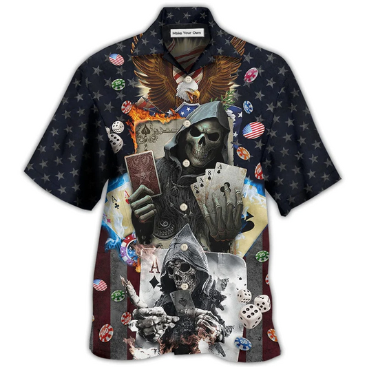 Game Card Skull Flame US Flag Independence Hawaiian Shirt Design View For Resort Travel And Thoughtful Gifting