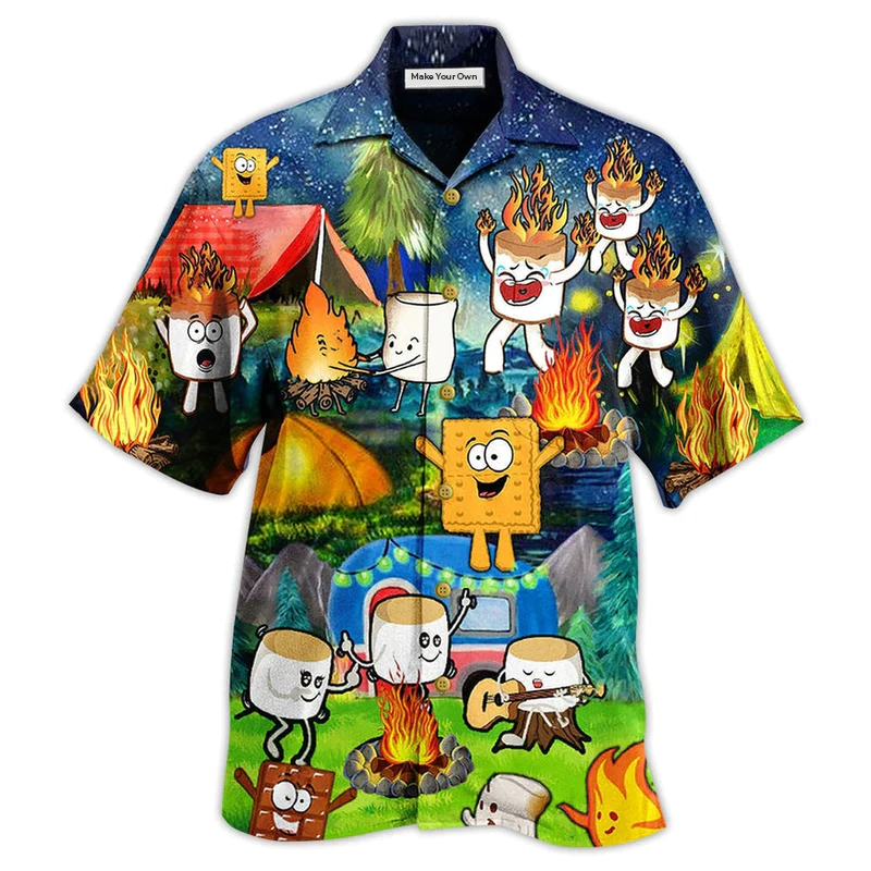 Camping Chocolate Marshmallow Fire Hawaiian Shirt Pattern View For Relaxed Warm Weather Outfits