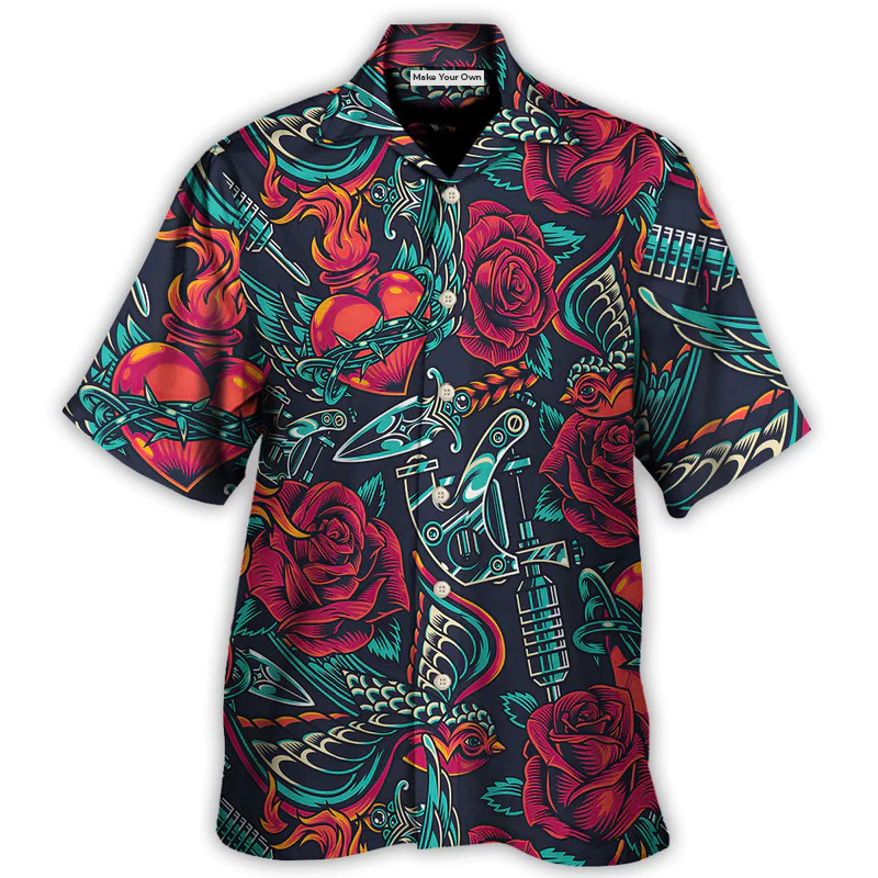 Tattoo Red Rose Heart Hawaiian Shirt Design View For Resort Wear