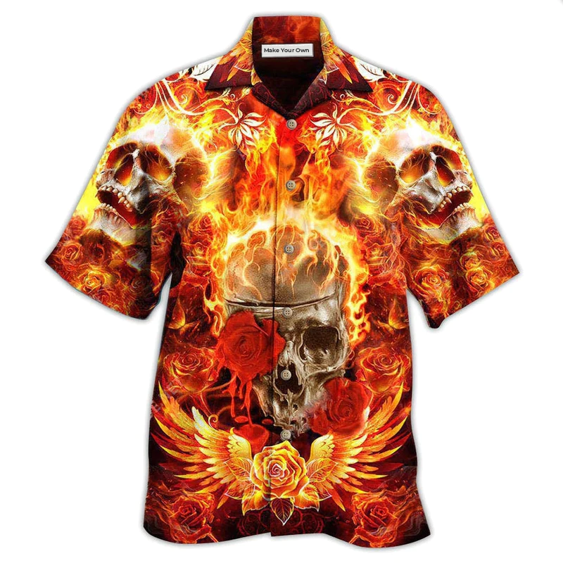 Rose Flame Skull Hawaiian Shirt For Tropical Travel Beach Gatherings And Comfortable Wear