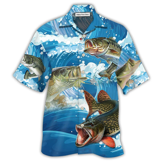Blue Fishing Wave Hawaiian Shirt For Vacation Days And Relaxed Coastal Outings
