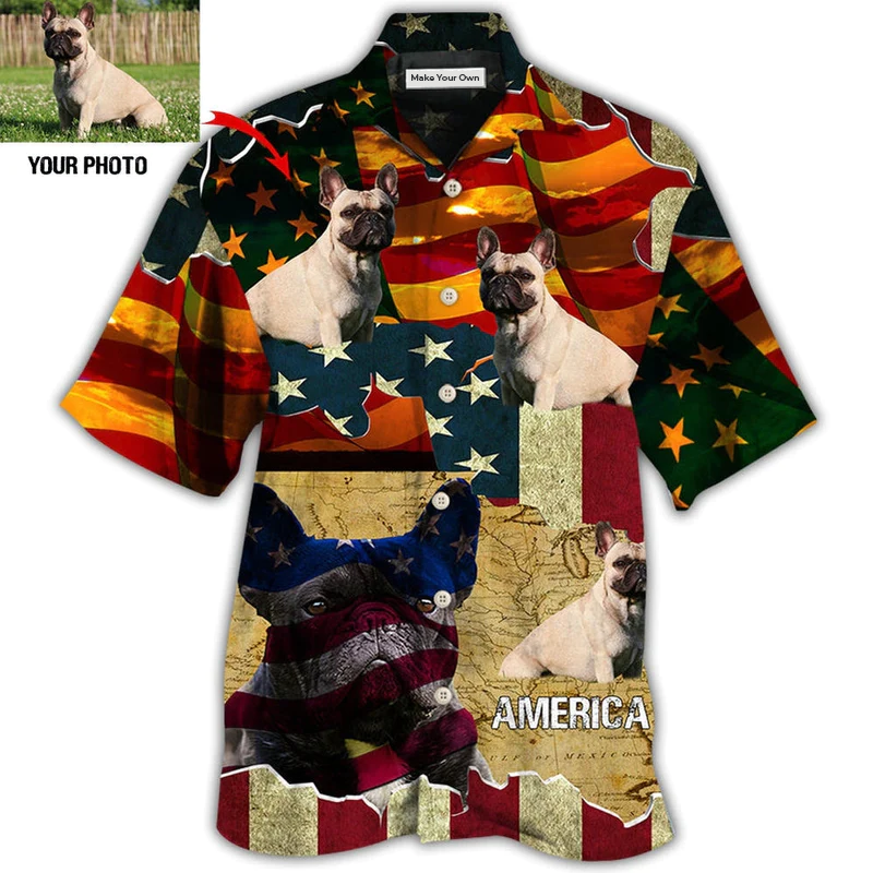 French Bulldog American Sunset Custom Photo Hawaiian Shirt Design Detail For Beach Days And Holiday Travel