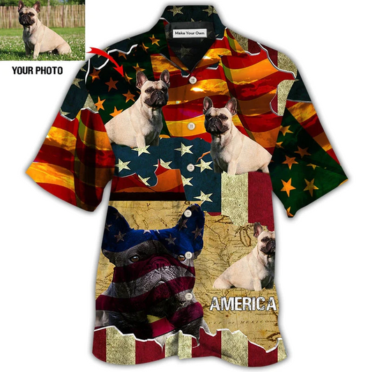 French Bulldog American Sunset Custom Photo Hawaiian Shirt Design Detail For Beach Days And Holiday Travel