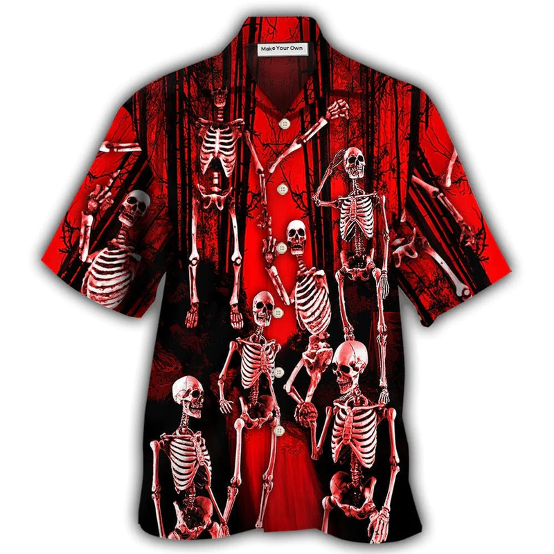 Skull Action Figure Hawaiian Shirt Artwork Detail For Resort Trips And Outdoor Activities