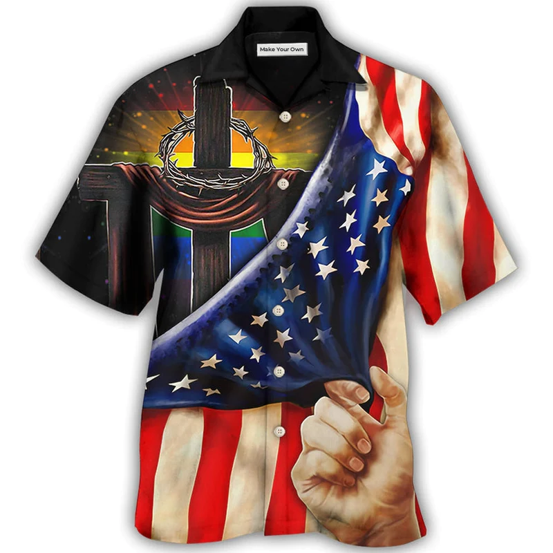 Rainbow Pride Independence Day Cross Flag Lighting Hawaiian Shirt For Coastal Adventures And Warm Weather Wear