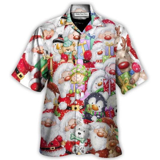 Happy Christmas Santa Friends Together Hawaiian Shirt Artwork Detail For Tropical Trips And Casual Outings