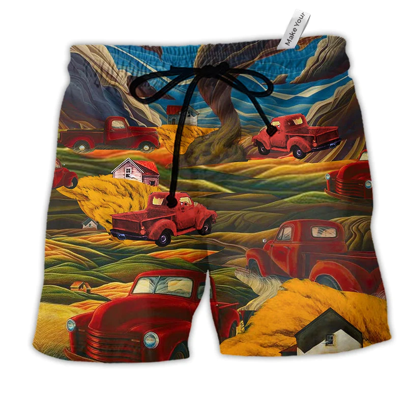 Car Love Red Mountain Hawaiian Print Beach Shorts For Racing Fans And Beach Days