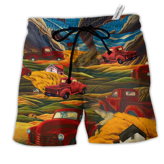 Car Love Red Mountain Hawaiian Print Beach Shorts For Racing Fans And Beach Days
