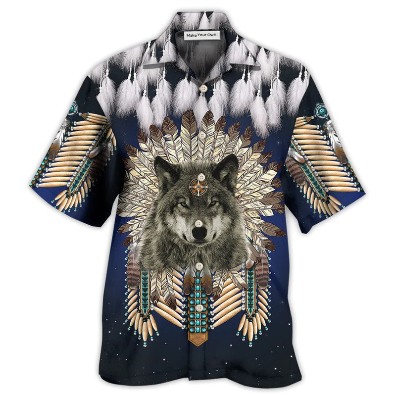 Bohemian Dark Wolf Feathers Hawaiian Shirt Artwork Detail For Tropical Trips And Casual Outings