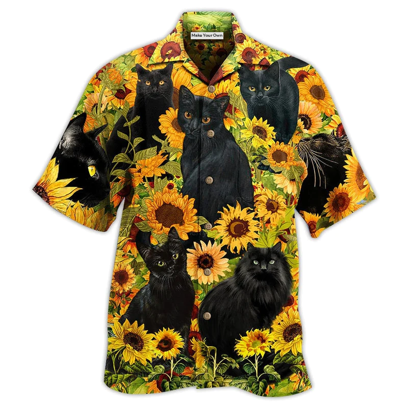 Black Cat Sunflower Hawaiian Shirt Pattern View For Lightweight Everyday Style