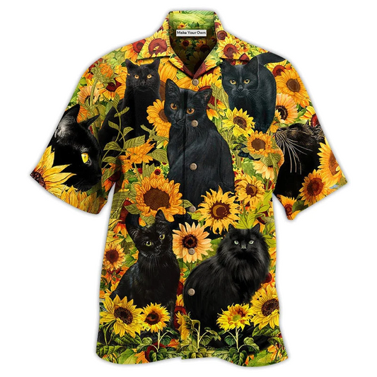 Black Cat Sunflower Hawaiian Shirt Pattern View For Lightweight Everyday Style