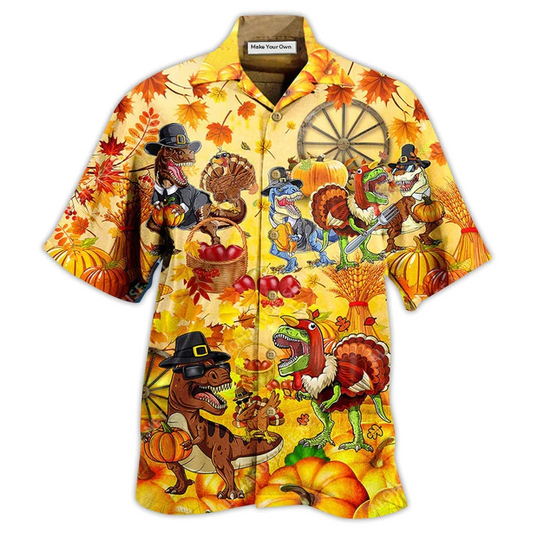 Dinosaur Autumn Hawaiian Shirt Design Detail For Sunny Adventures And Casual Wear