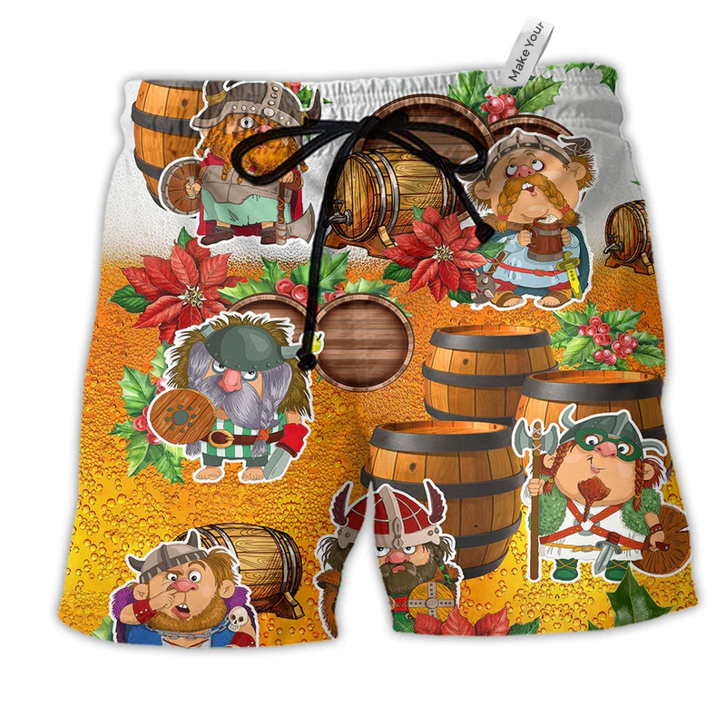 Viking Loves Beer Funny Christmas Hawaiian Print Beach Shorts For Festive Outdoor Style