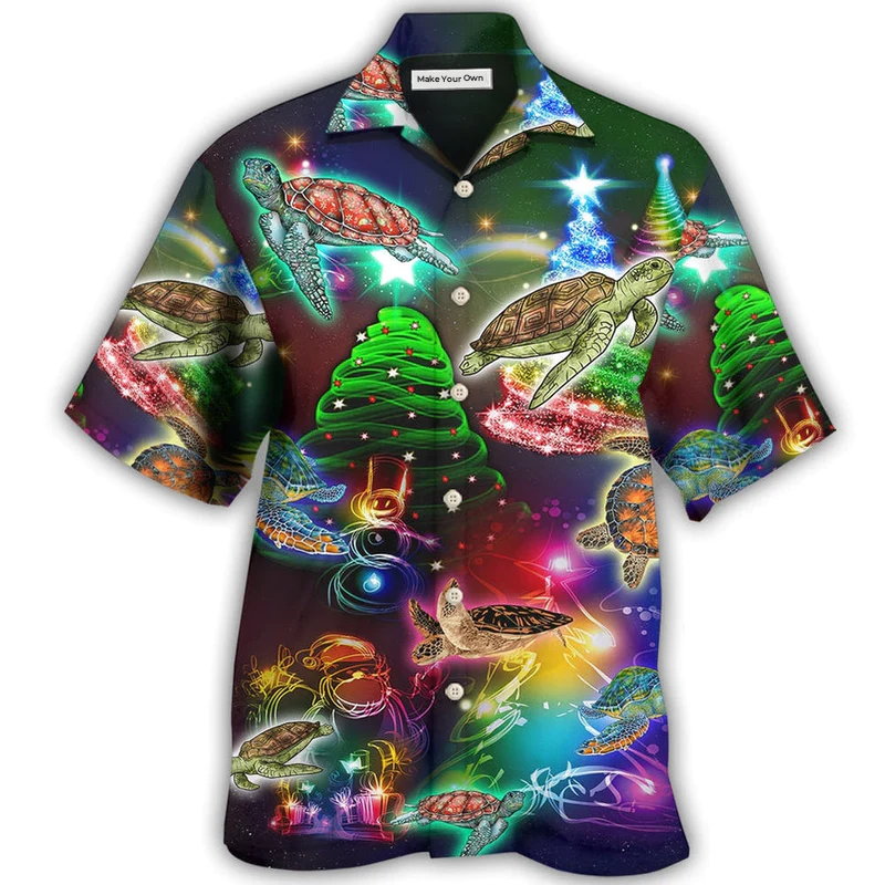 Neon Turtle Light Christmas Hawaiian Shirt Artwork View For Coastal Escapes And Resort Style