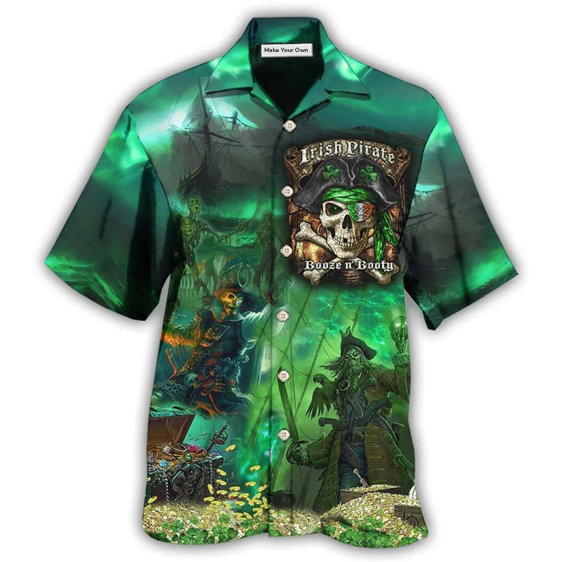 Irish Nautical Pirate Booze Booty Beautiful Hawaiian Shirt Artwork View For Coastal Escapes And Resort Style