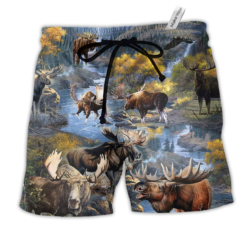 Moose Make Me Happy Hawaiian Print Beach Shorts For Beach Days And Casual Travel