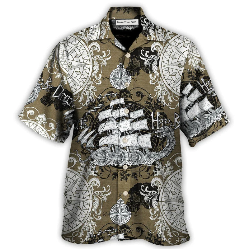 Vintage Dragon Old Ship Anchor Sea Hawaiian Shirt Artwork Detail For Resort Trips And Outdoor Activities
