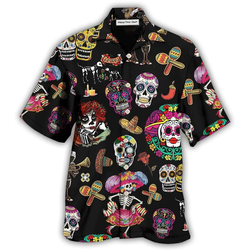 Western Skull Sugar Calavera Hawaiian Shirt For Resort Getaways And Comfortable Summer Activities