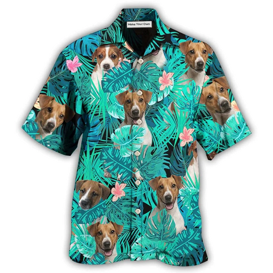 Green Tropical Dog Russell Terrier Summer Hawaiian Shirt Design View For Resort Travel And Thoughtful Gifting