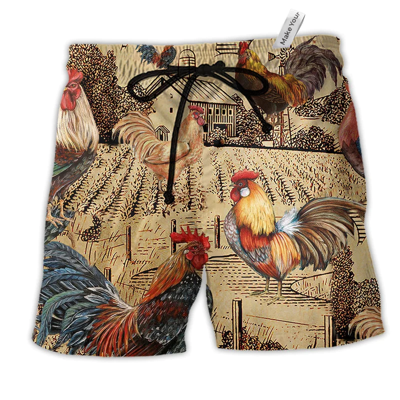 Chicken Farm Love Vintage Hawaiian Print Beach Shorts For Sunny Getaways And Gifting