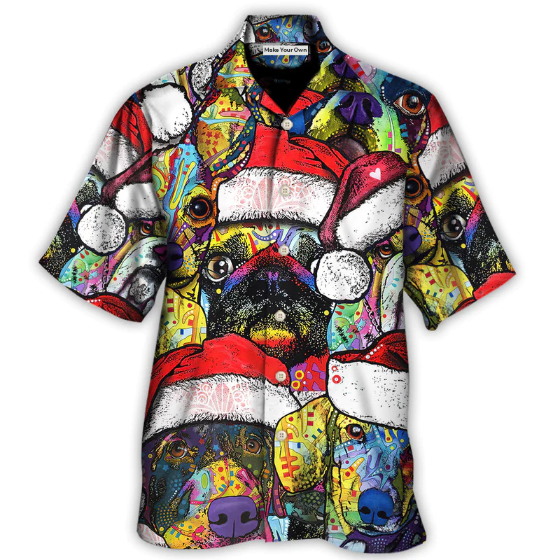 Colorful Christmas Dog Hawaiian Shirt Print Closeup For Island Holidays