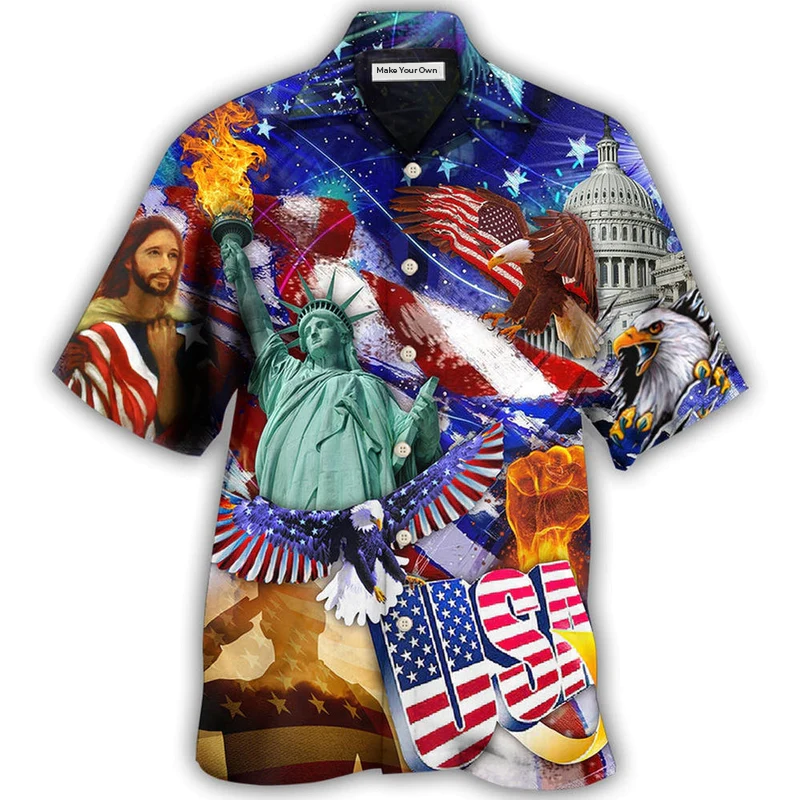 American Independence Day Hawaiian Shirt Artwork Detail For Resort Trips And Outdoor Activities