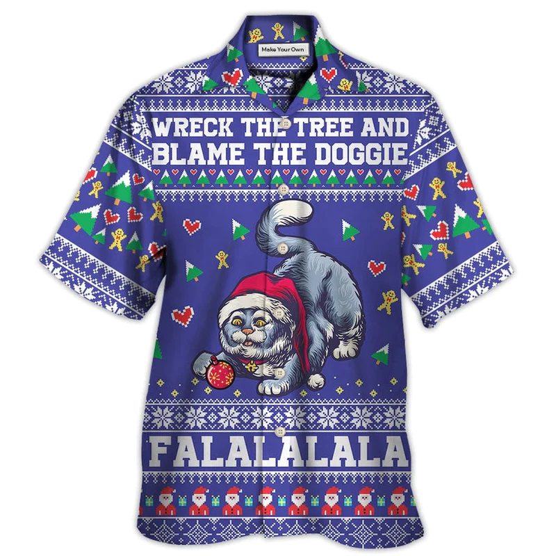 Cat Wreck Tree Blame Doggies Christmas Hawaiian Shirt Pattern Detail For Summer Holidays And Outdoor Fun