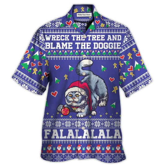 Cat Wreck Tree Blame Doggies Christmas Hawaiian Shirt Pattern Detail For Summer Holidays And Outdoor Fun