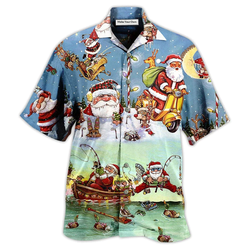 Cute Festive Christmas Fishing Hawaiian Shirt For Summer Events And Casual Outdoor Wear