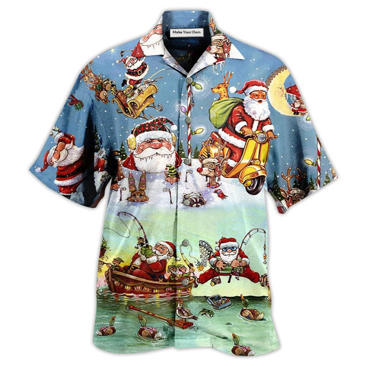 Cute Festive Christmas Fishing Hawaiian Shirt For Summer Events And Casual Outdoor Wear
