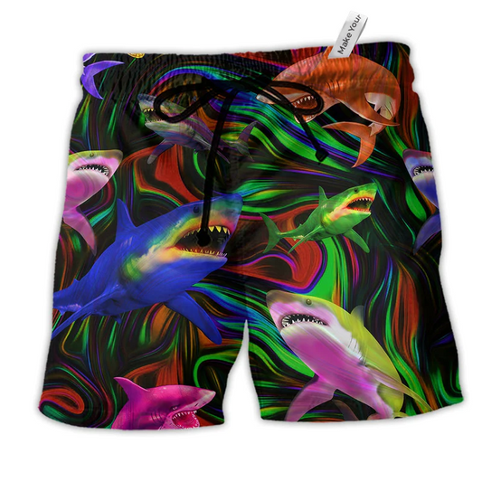 Shark Style Lover Dark Colors Hawaiian Print Beach Shorts For Marine Inspired Outdoor Wear