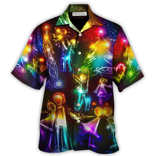 Happy Neon Christmas Family Tree Light Hawaiian Shirt Design View For Casual Summer Styling