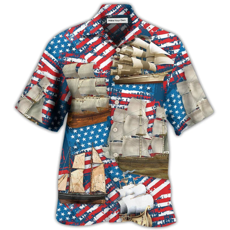 Sailing American Independence Day Hawaiian Shirt Pattern View For Relaxed Warm Weather Outfits