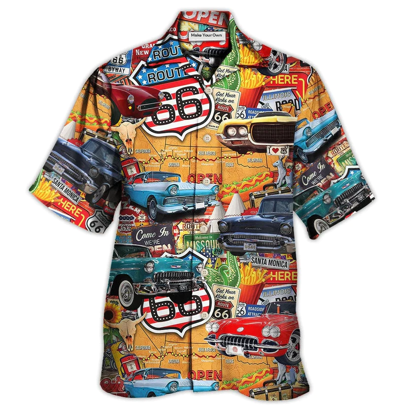 Vintage Historic Car Highway Road Hawaiian Shirt For Coastal Adventures And Warm Weather Wear