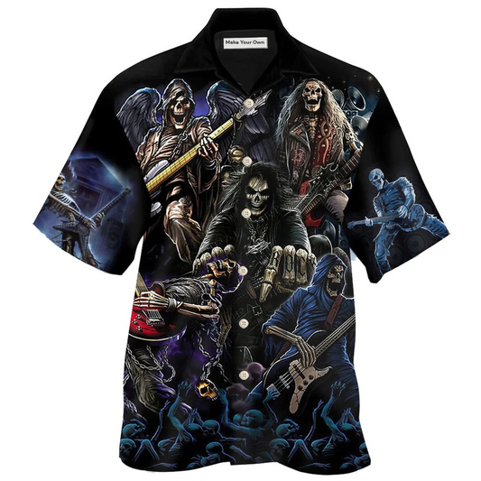 Guitar And Skull Hawaiian Shirt For Summer Events Coastal Travel And Comfortable Styling
