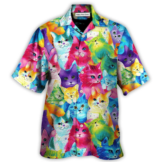Colorful Cute Happy Cat Little Kitten Hawaiian Shirt Pattern Detail For Vacation Travel And Daily Wear